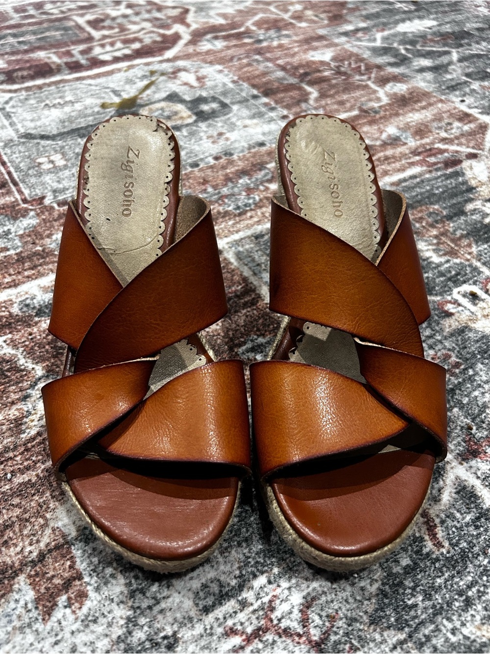 Zigi Soho Tan Brown Leather Crisscross Wedge Slides